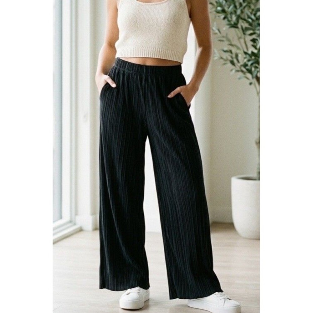 Steve Madden Black Plissé Wide Leg Pants S Pleated High Waist Trousers Flowy